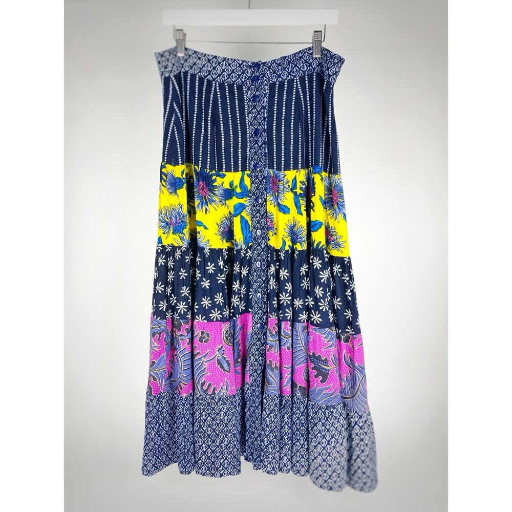 VTG 90’s Surya Rayon Batik Fabric Floral Boho Tiered Skirt w/ Front Buttons Sz M